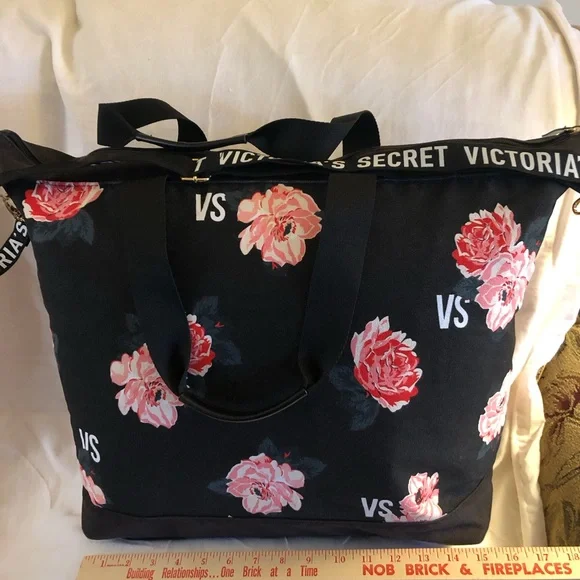 Victoria's Secret Black Tote with Pink Floral Design - Picture 1 of 8